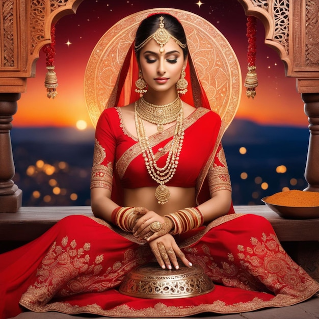 An indian bride in red dress and gold jewelry's special moment with the moon