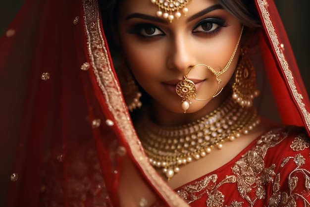 暗い背景に赤い衣装のインドの花嫁