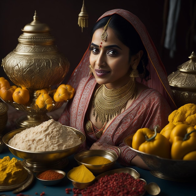 インド料理を食べるインド人新婦