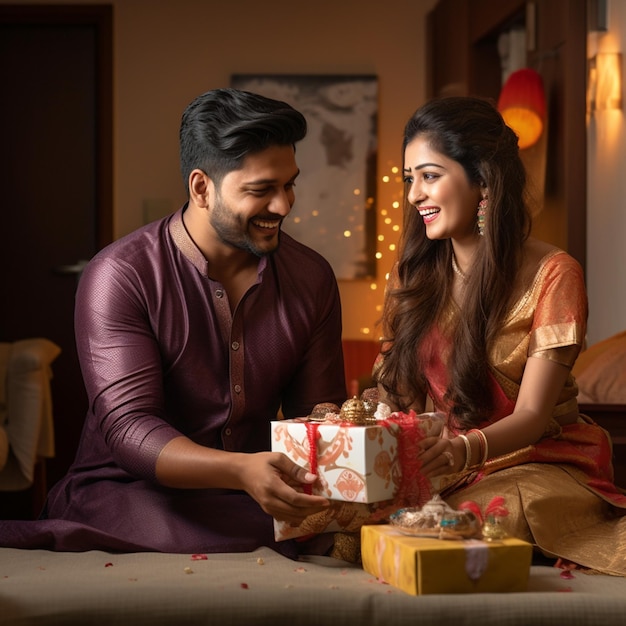 a Indian brother giving a gift to his Indian sister on raksha bandhan