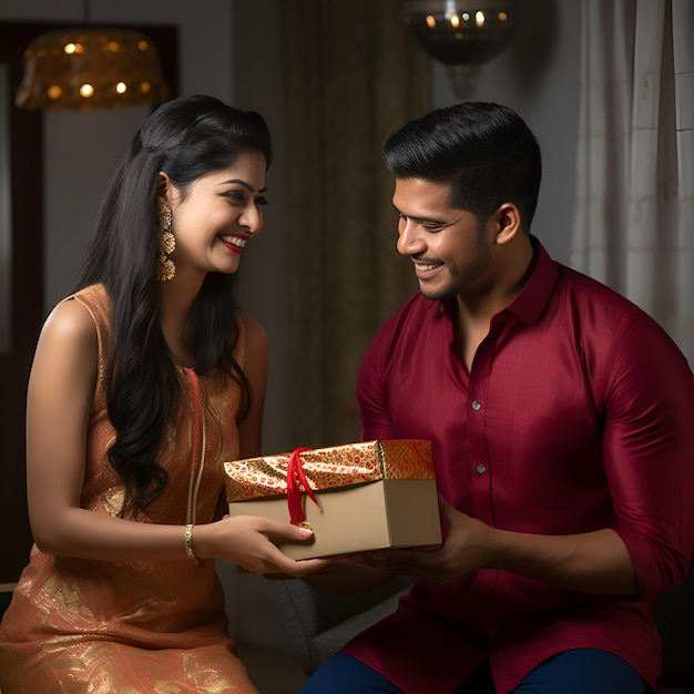 a Indian brother giving a gift to his Indian sister on raksha bandhan