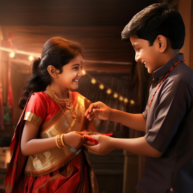 Photo indian brother and sister exchanging rakhi with each other