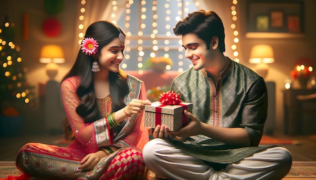 Indian brother and sister holding gift a happy moment during Bhai Dooj Indian Festival