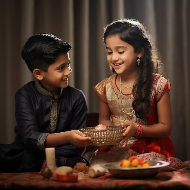 Indian Brother and Sister in Traditional Outfits on Rakhi