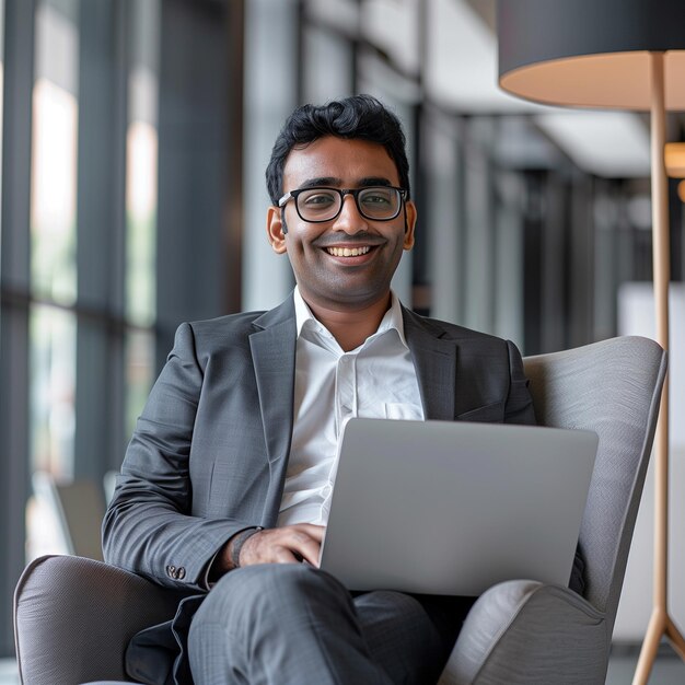 写真 現代的なオフィスでラップトップを持った椅子に座っているスーツとメガネを着たインド人のビジネスマン