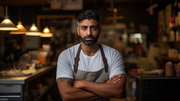 Indian business owner sitting in his cafe