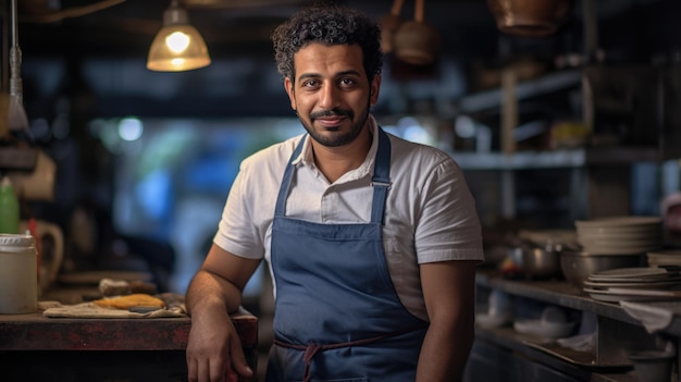 Indian business owner sitting in his cafe