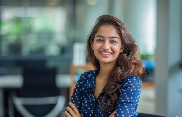 an Indian business woman smiling in her office