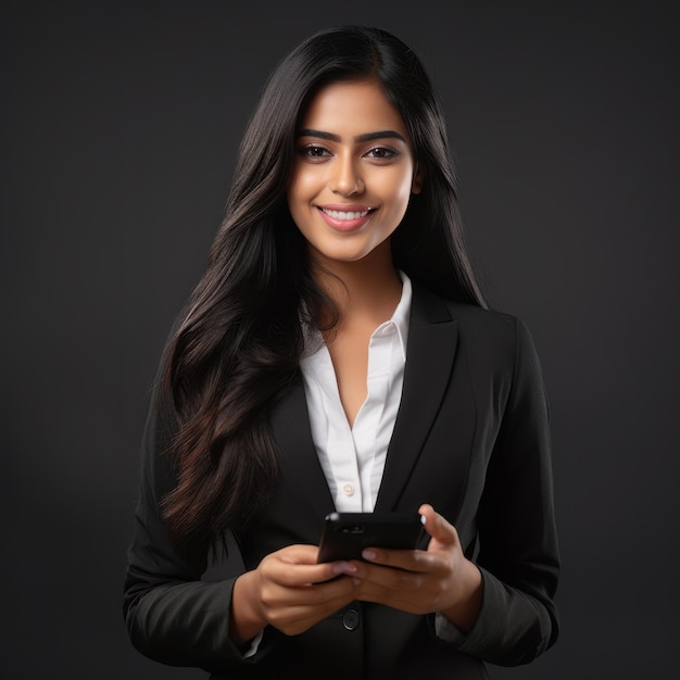 Foto donna d'affari indiana con i capelli lunghi e neri, indossa un abito da lavoro, sorride e tiene in mano un cellulare.