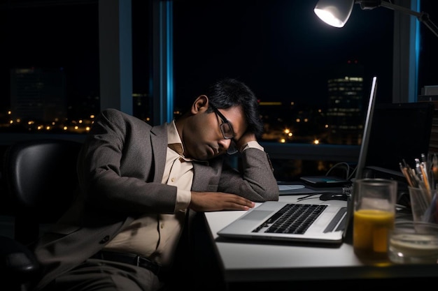 Photo indian businessman sleeping over the laptop in office