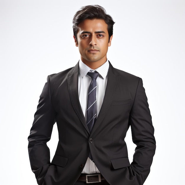 An indian businessman stands confidently against a plain white background hiring image for job postings