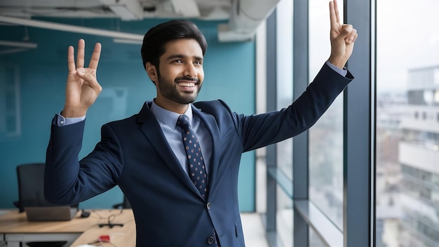 Indian businessman in suit expressing success win gesture near the window in office