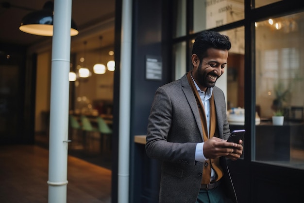 Indian businessman using smartphone at restaurant