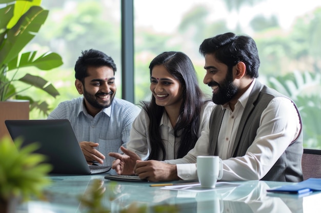 Photo indian businesspeople and employee giving happy expression after looking in laptop at office