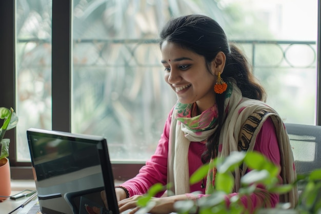 Indian businesswoman working happily on computer at office desk