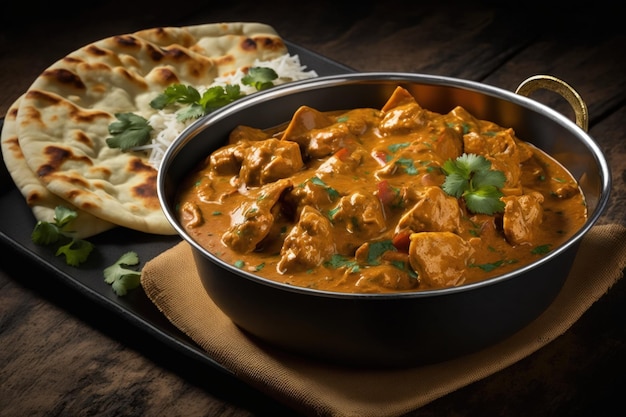 Indian butter chicken curry in balti dish Generative AI