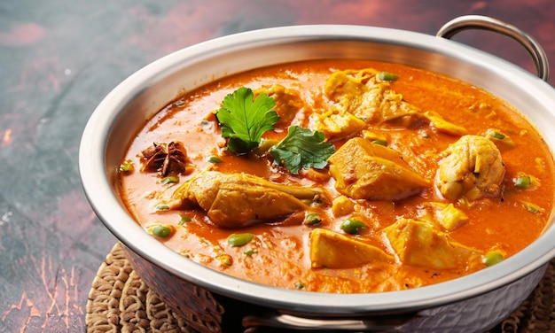 Indian butter chicken curry in balti dish