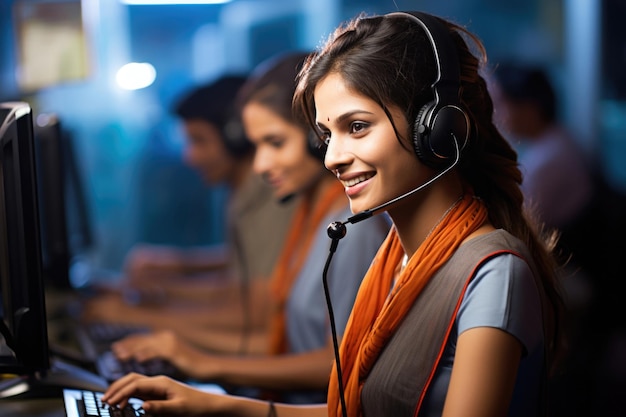 Indian call centre pretty female customer representative communicating with customer on microphone