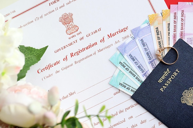 Indian certificate of registration of marriage blank document and wedding ring with rupiah money on