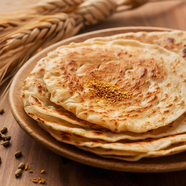 Photo indian chapati or fulka or gehu roti with wheat grains in background