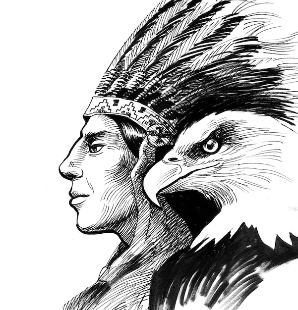 Indian chef and eagle. Ink black and white drawing