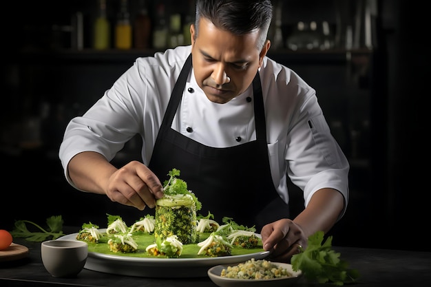 Indian chef garnishing a dish with cilantro