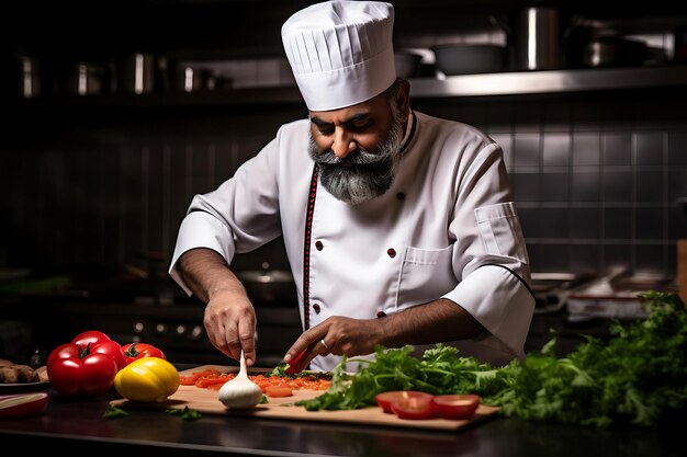 Indian chef garnishing a dish with fresh coriander