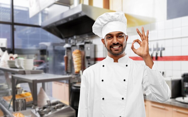 Photo indian chef in toque showing ok at kebab shop