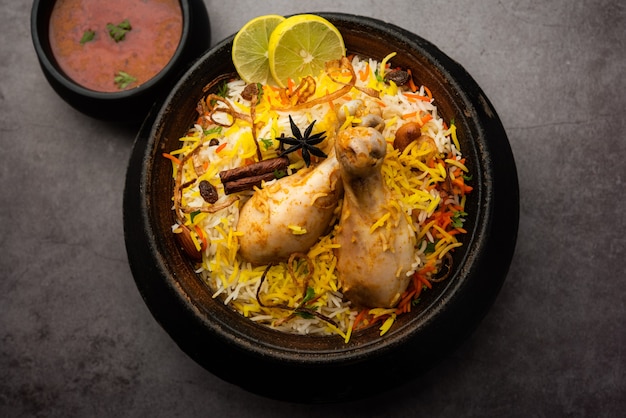 Indian Chicken Biryani served in a terracotta bowl with yogurt over white background. selective focus