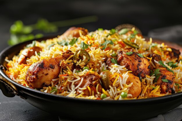 indian chicken biryani Spicy chicken biryani food photography flying food black background