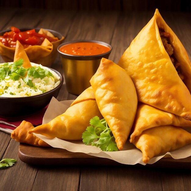 Indian chicken samosa with restaurant table butter and garlic bread on dark patty background