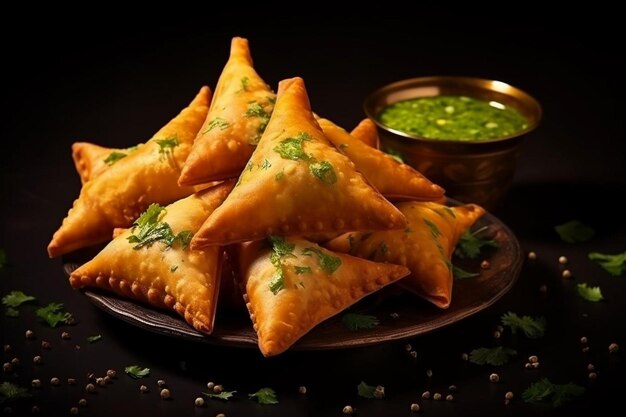 Photo indian chicken samosa with restaurant table butter and garlic bread on dark patty background