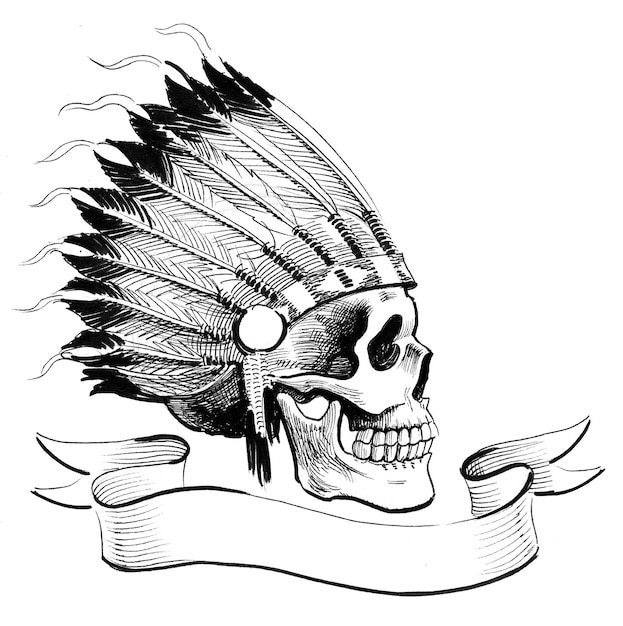 Indian chief skull. Ink black and white drawing