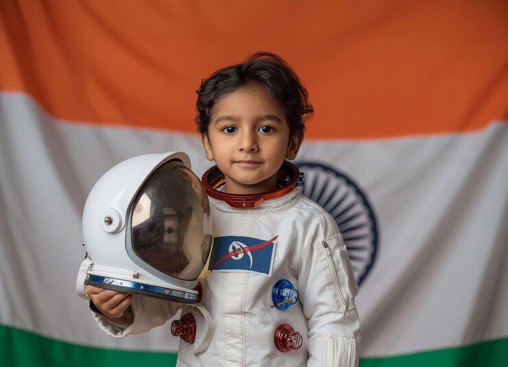 宇宙飛行士のスーツを着たインド人の子供インド国旗の背景ジェネレーティブ・アイ・アート