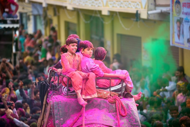 Bambini indiani che si godono il festival di holi con i colori sull'elefante