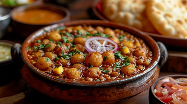 인도 Chole Bhature는 델리 식당에서 뜨거운 음식을 제공했습니다.