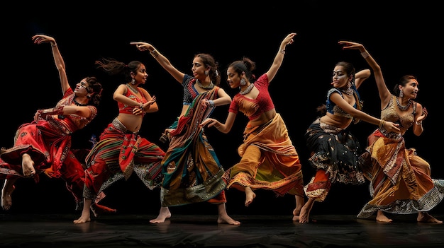 写真 活発でカラフルな伝統的な衣装と複雑な手の動きでステージ上でのインド古典舞踊のパフォーマンス