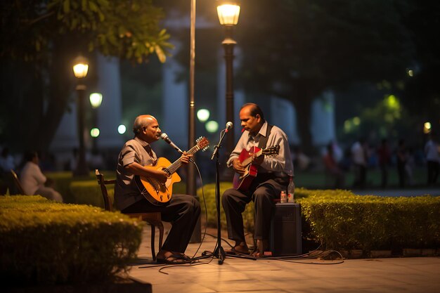 사진 인도 고전 음악가 들 이 애국적 인 곡 을 연주 하고 있다