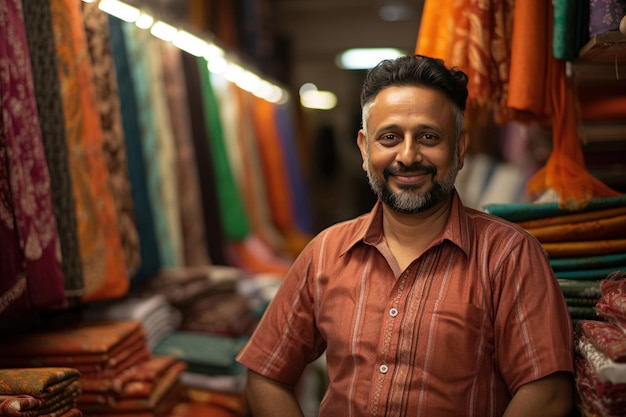 Indian cloth market Happy cloth merchant or shopkeeper sitting at counter looking at camera