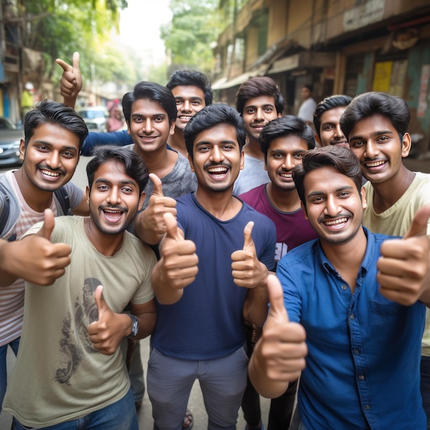 Photo indian college student group showing thumbs up at college campus