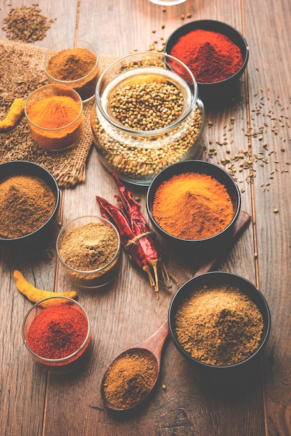 Indian colourful spices. Group photo of four basic Indian spices like raw red chilli, turmeric, coriander and cumin powder. selective focus