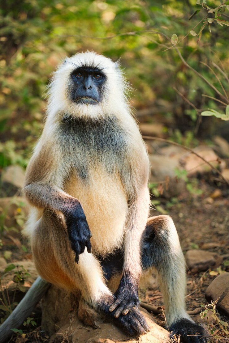 Photo indian common gray langur or hanuman langur monkey eating in ranthambore national park, rajasthan, india