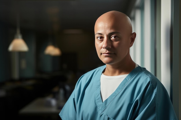 Indian confident male cancer survivor who is bald standing in hospital