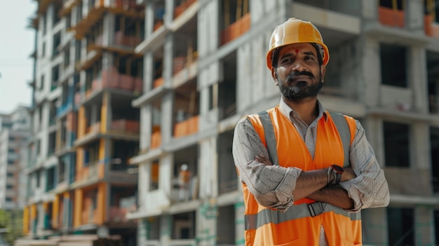 Indian construction manager at site satisfied with work