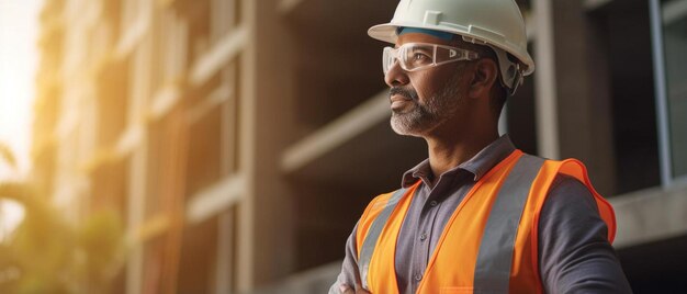 Photo indian construction site manager standing with folded arms wearing safety vest and helmet