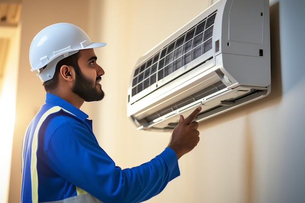 An indian construction worker in hard hat points to an overhead air conditioner hanging in the room