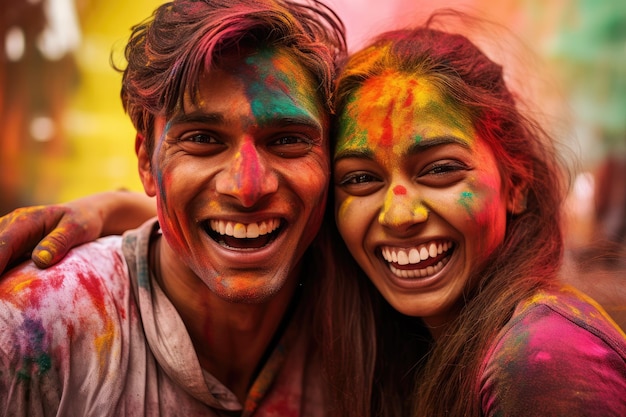 Indian couple celebrating Holi party Happy Holi festival of colors