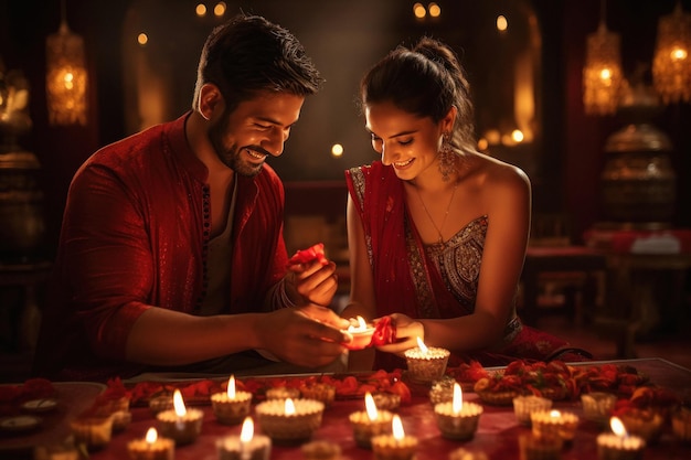 Indian couple holding diya together on diwali festival