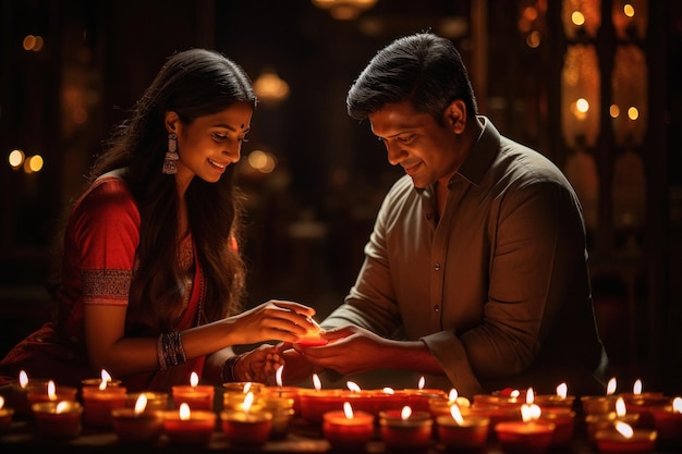 Indian couple holding diya together on diwali festival