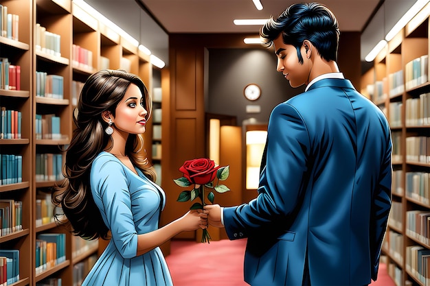 Индийская пара в библиотеке читает книгу Счастливого Дня Святого Валентина